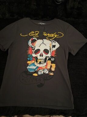 Ed Hardy Skull Graphic T-Shirt – Brown Embroidered Logo Tee